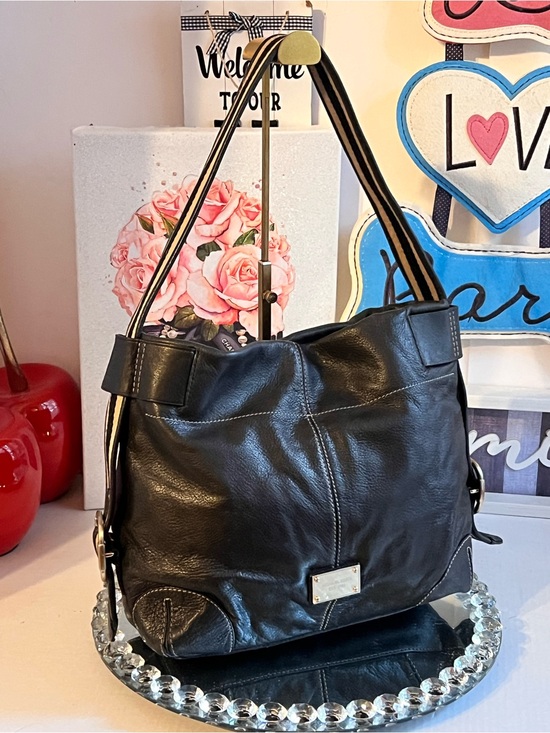 Michael Kors Handbags - Michael Kors Black pebble Leather Shoulder Bag with Striped Strap